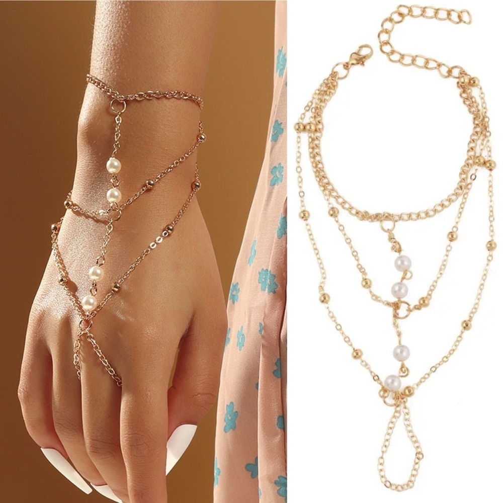 Elegant Gold Hand Chain Bracelet with Pearls